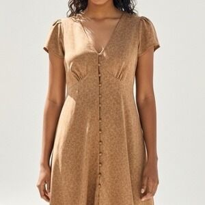 Tan Floral Print Button Front Midi Dress Short Sleeve V Neck